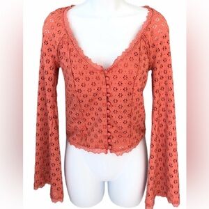 Free People Boho cropped long sleeve eyelet bell sleeve top